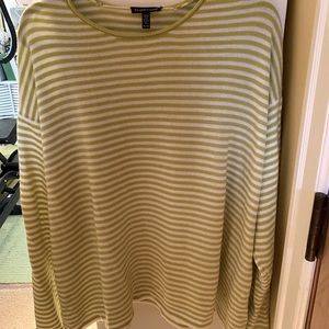 Eileen Fisher Green and White Striped Merino Wool Sweater